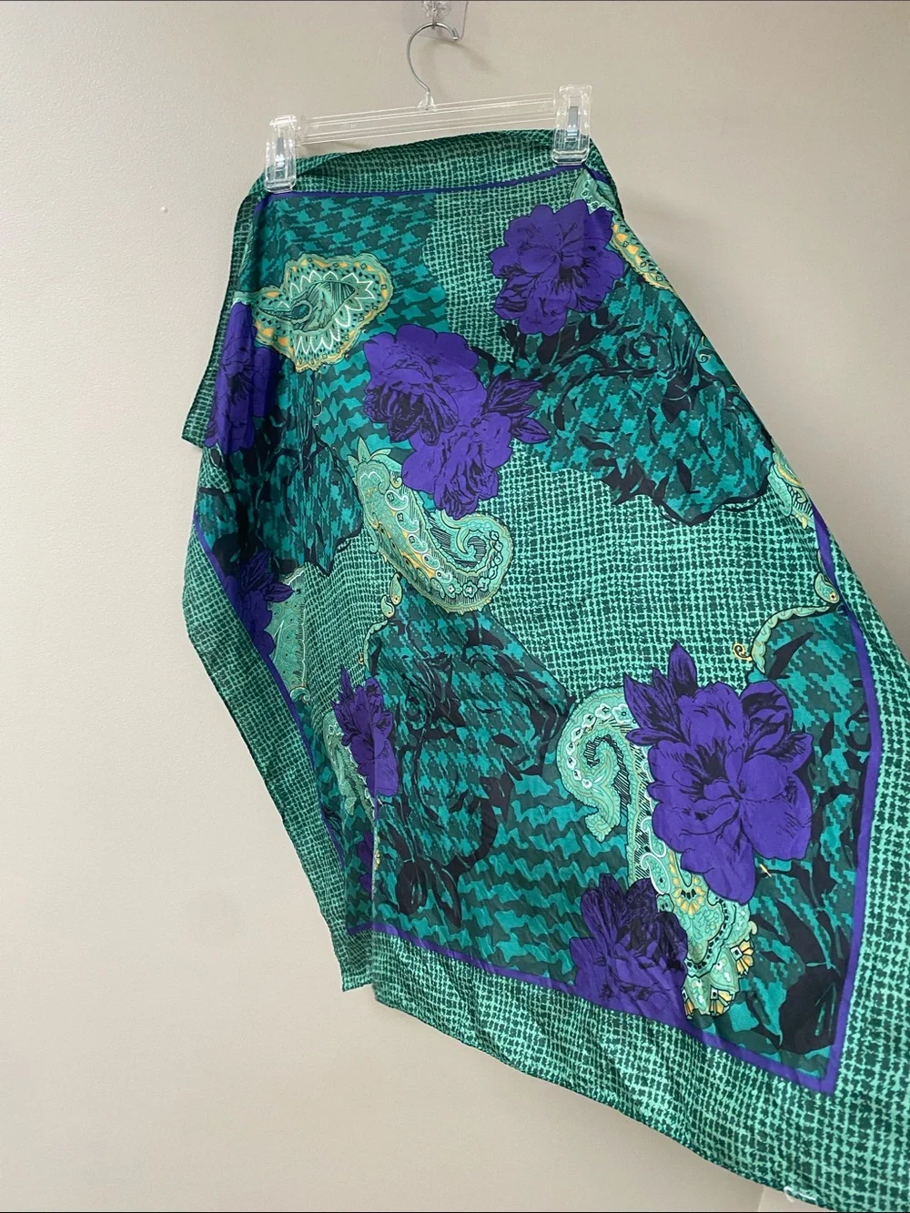 Vintage Christian Dior Purple rose Green Paisley-Print Silk Scarf